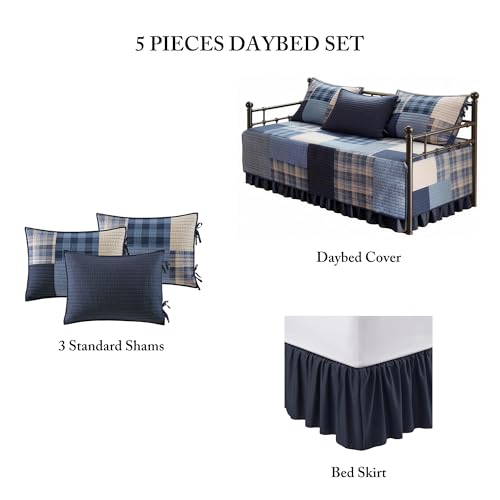 Image of Woolrich Daybed Cover Set - Cabin Lifestyle, Patchwork with Moose Design All Season, Lightweight and Breathable Cozy Bedding Layer with Bedskirt, Matching Shams, 39 inch W x 75 inch L, Blue 5 Piece