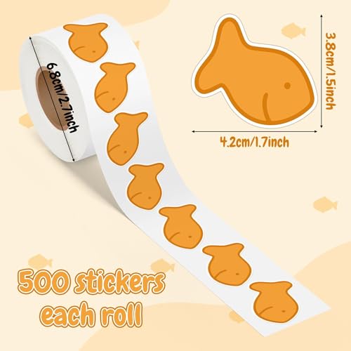 Image of Goldfish Cracker Sticker Roll - 500 Pcs Cute Fish Cookie Waterproof Vinyl Reusable Laptop Stickers Coloring Book Scrapbook Water Bottle Page Activity Pad Birthday Party Favors Gift Wrapping