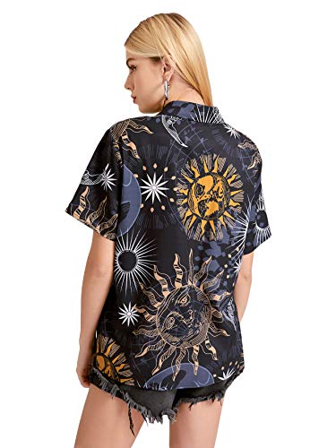 Sweatyrocks Women's Short Sleeve Cute Print Button Down Shirt Tops Graphic Black M #TOP1