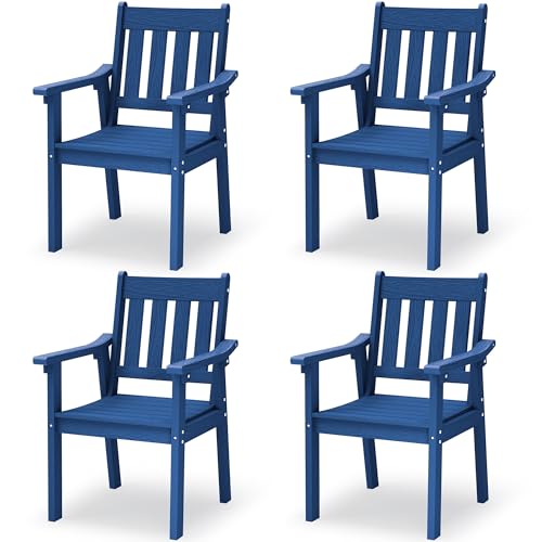 Image of YEFU Patio Dining Chairs Set of 4: All Weather Outdoor Dining Chairs with Wide Curved Seat and Backrest - Outdoor Furniture Plastic for Outside Backyard /Garden /Porch /Deck 350lbs Capacity Blue