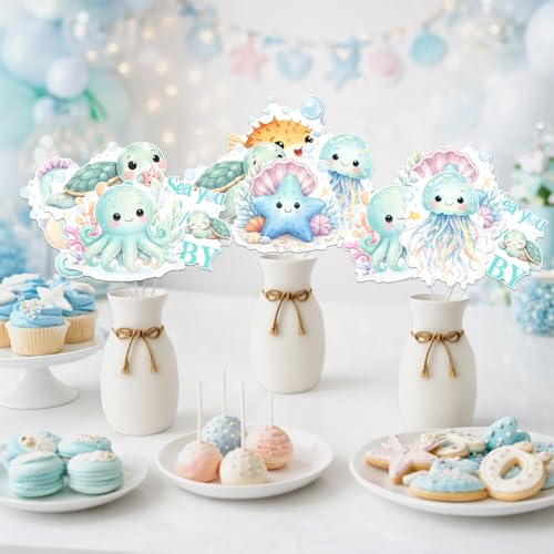 YO PERREO SOLA 24 Pcs Sea You Soon Baby Shower Decorations Ocean Themed Centerpiece Sticks Double Sided Table Toppers Under The Sea Welcome Baby Blue Table Signs Ocean Animals Baby Shower Decor by YO PERREO SOLA - Used condition - Image 3