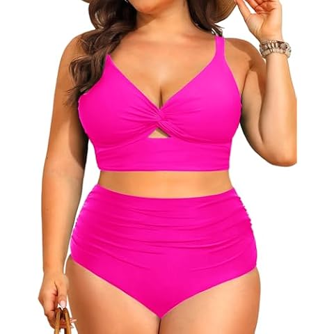 Daci Plus Size Two Piece Swimsuits - Women High Waisted Bikini Tummy Control Bathing Suits Knot Twist Swimwear 2025 Pink XL Cover