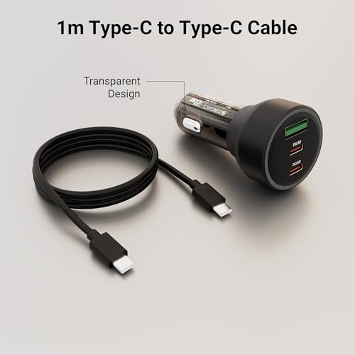 Image of Zebronics 82W Car Charger, Dual Type-C & USB Output, Rapid Charging, Type-C to Type-C Cable 1m, LED Indicator, Multi Protection, Transparent Design (CC82)