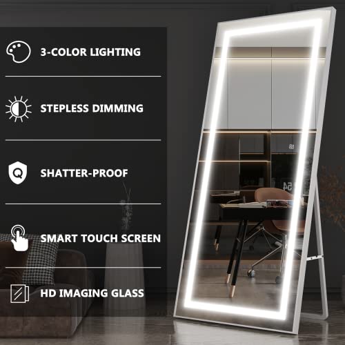 Vierose 67" X 30" Large And Tall Full Length Mirror With Lights And Stand - Wall Mounted And Floor Mirror, Led Lighted Full Body Dressing Mirror, Mirror For Bedroom, Dimming & 3 Color Modes, White #TOP2