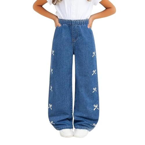 Girls Bowknot Print Baggy Jeans Kids Y2k Jeans Wide Leg Elastic Waist Loose Denim Pants Comfy Cotton Fall Winter