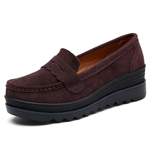 Image of Women's Retro Suede Casual Loafers Slip-On Comfort Wedge Walking Shoes Moccasin Lightweight Non-Slip Thick Sole Boat Shoes