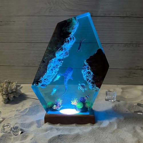 Image of Drawelry Ocean Creative Epoxy Resin Wood Light Lamp, Handmade Multi Color Aquatic Ocean Lamp Deep Sea Cave Diving Enthusiasts Led Night Light Desktop Decor Birthday Gift (Shark and Diver, M)