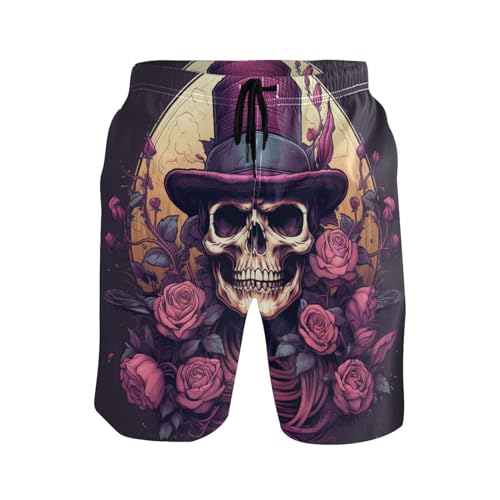 Linnyio Motif Tête De Mort Rose Pourpre Short De Bain pour Homme,Séchage Rapide,avec Poches,Idéal pour La Natation Et La Course Pied