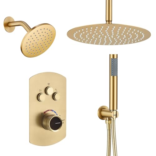 MONDAWE 12 Inch Ceiling Mounted Brushed Gold Shower System, 3-Functions Shower Faucet Set with Rainfall Dual Shower Head and High Pressure Handheld Spray, All Function Can be Used At the Same Time