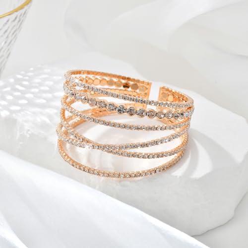 Bling Multilayer Chunky Twist Crystal Rhinestone Adjustable Cuff Bracelet Bangle for Women Wedding Formal Prom Jewelry Costume4