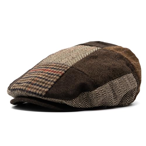Men's Classic Patchwork Herringbone Checker Plaid Newsboy Ivy Hat Flat Cap (US, Alpha, Large, X-Large, Brown)