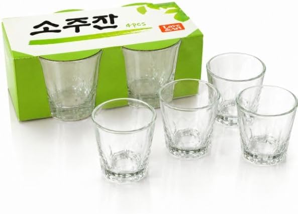Korean Soju Shot Glass Set of 4 Thick Clear Glasses for Whiskey