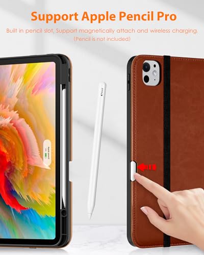 DTTO Etui do iPada Pro 33.0 cm (M4) 2024, wysokiej jakości skórzane etui folio z uchwytem na rysik, automatyczne budzenie/uśpienia i wiele kątów widzenia, wbudowany pasek na rękę i kieszeń, brązowe