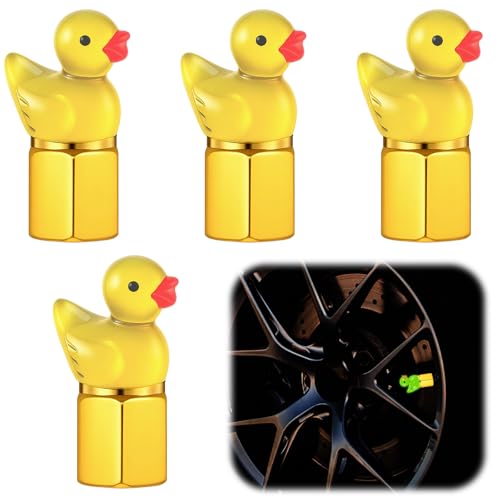 4 Pcs Cute Duck Tire Valve Stem Cap, Decorative Tires Valves Caps, Glow in The Dark Tire Valve Caps, Wheel Accessories, Universal for Cars, Motorcycles, Trucks and Bicycles (Gold)
