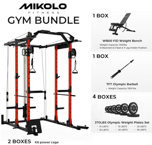 Image of Mikolo Power Cage, Power Rack with Cable Crossover System, 1500LBS Squat Rack with LAT Pull Down System, Workout Cage with Pulley System for Fitness Home Gym