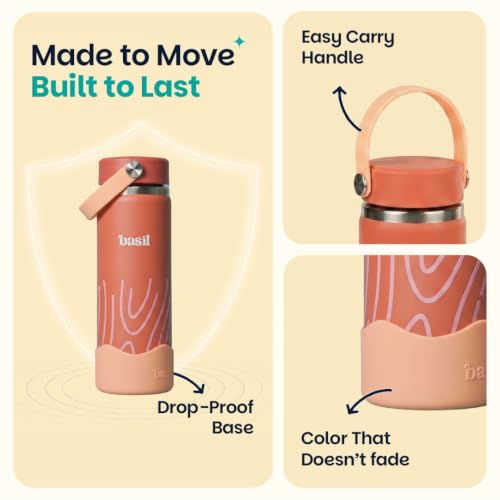 Image of Basil HydraRush Stainless Steel Insulated Kids Water Bottle for School, 600ml Leakproof Bottle with Carry Handle, Double Wall Vacuum Thermosteel Bottle for School, Travel & Outdoor | Coral Swirl