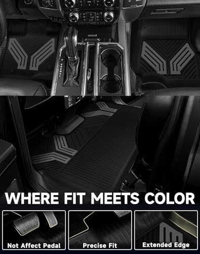 Image of Premium Color TPE Floor Mats for Ford F-150 2015-2026 | Titan Gray Wing Design| F150 Lightning 2022-2025 SuperCrew (Rear w /o Fold Flat Storage) | Heavy Duty Car Carpet All-Weather Protection