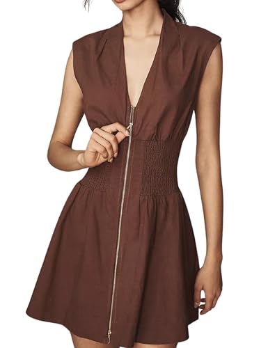 Image of Women's V Neck Summer Dress Cap Sleeve Zipper Mini Dress Smocked Slit Dress with Pockets