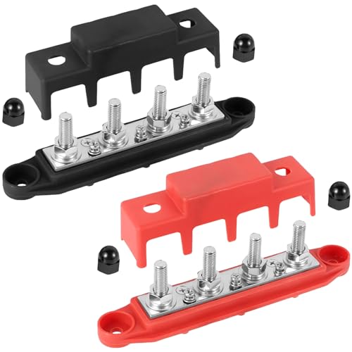 12V-48V DC Bus Bar Power Distribution Block Battery Terminal Bus Bar 2pcs,4 x M8 Terminal Studs with Cover and Ring Terminals 250 Amp for Cars RVs Ships Yachts