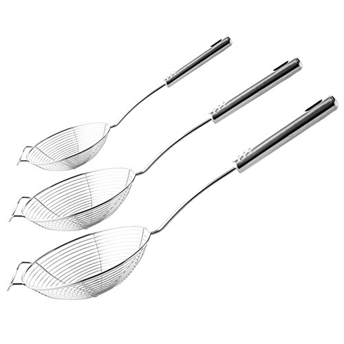 TEERFU Juego de 3 cucharones de acero inoxidable, 13.7 pulgadas, 15.3 pulgadas y 16.9 pulgadas, cuchara de red de alambre de cocina con mango para cocinar y freír, pasta, pasta espagueti, fideos