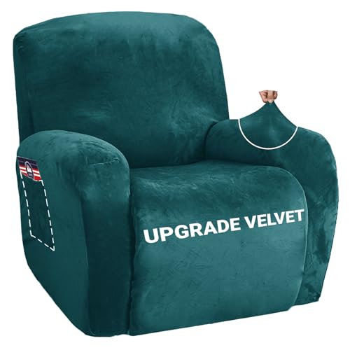 Image of ZNSAYOTX Stretch Velvet Recliner Cover 4-Pieces, Thick Soft Recliner Chair Slipcover with Pocket, Non-Slip Elastic Bottom for Kids Pet, Luxury Plush Reclining Protector Comfy Washable (Blackish Green)