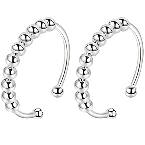 2Piezas Anillo de Ansiedad de Plata de Ley 925 para Mujer Spinner Fidget Anillos Antiestres de Plata Esterlina Anillo Giratorios Anillo con Perlas Ajustable Anillos Ansiedad Spinner Apilables Anillos Cover