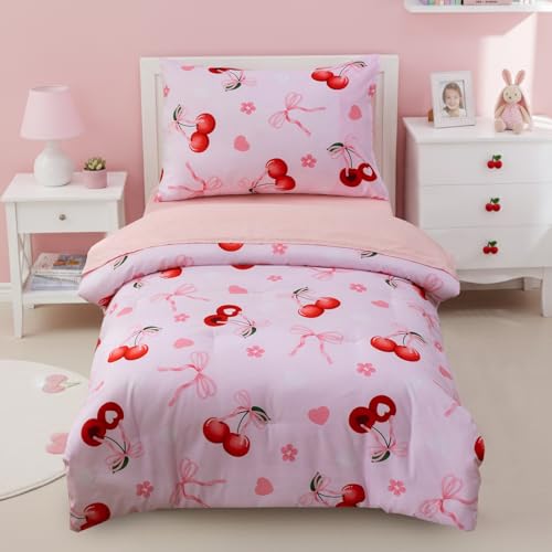 Btargot 4 Pieces Ultra Soft Toddler Cherries Bowknot Bedding Set, Cartoon Bow Tie Pattern Comforter Sets for Baby Girls Kids, Light Pink