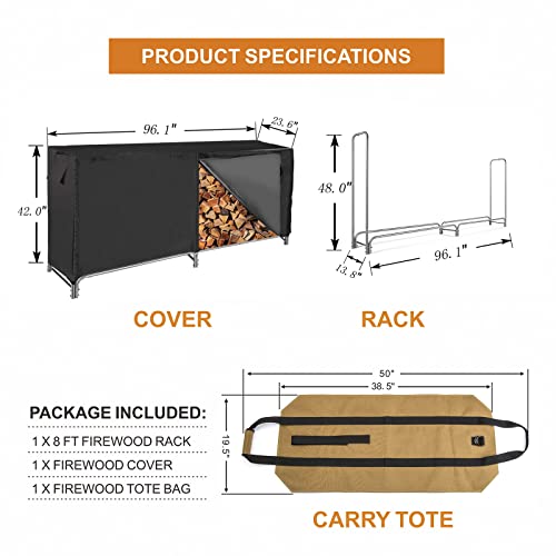 Emalie 8Ft Outdoor Indoor Firewood Log Rack With Waterproof Cover And Log Carrier Tote Bag, Heavy-Duty Fire Wood Storage, High Capacity Log Holder Stand For Fireplace Easy Assemble | Black #TOP6