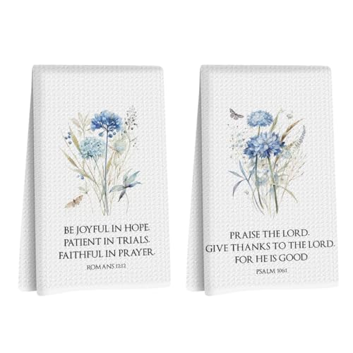 Image of 2 Pcs Bible Christian Kitchen Towels 24x14 Inch, Floral Decorative Reusable Dish Towels for Kitchen Bathroom Decor, Waffle Weave Absorbent Hand Cloth Tea Towel, Inspirational Christian Gifts for Women