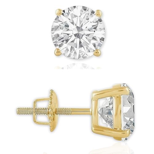 Fox Jewelry Co. 14k Yellow Gold Stud Diamond Earrings For Men & Women, Women's Mens Diamond Earrings in Solid 14k Gold & Simulated Diamonds, 2ct Round, Princess, Heart Cut, VVS Clarity, D Color, Screw Back