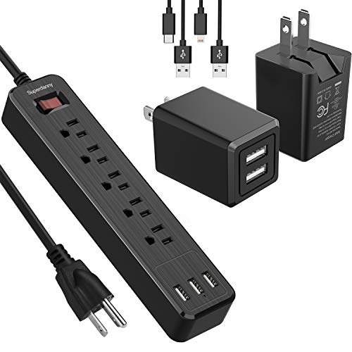 SUPERDANNY Brushed Finish Power Strip USB Surge Protector + 2 Pack Dual Port Wall Charger with Lighting Cable & Type C Cable