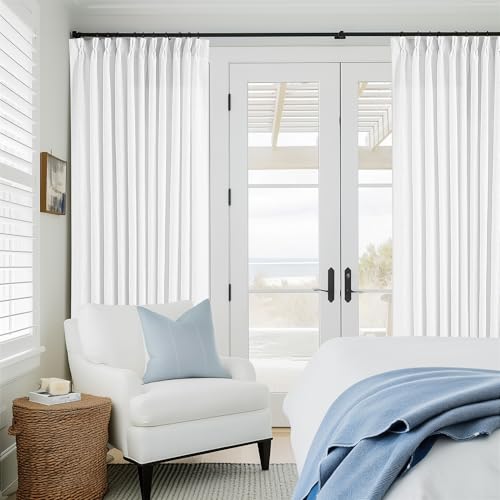Image of Pinch Pleated Extra Wide Linen Curtains 120 Inches Long for Patio Sliding Glass Door White 70 Inch Wide Pleated Drapes with Hooks Rings Neutral Natural Semi Sheer 70x120 Curtain for Living Room