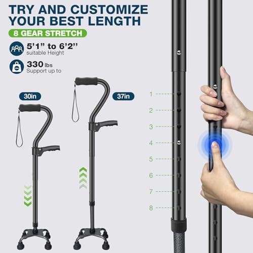 Walking Canes for Women & Men, Adjustable Folding Quad Cane, Heavy Duty Walking Sticks Canes for Seniors Balance,Collapsible, Lightweight Self Standing Cane with 2nd Handle and 4-Pronged Base - Image 5