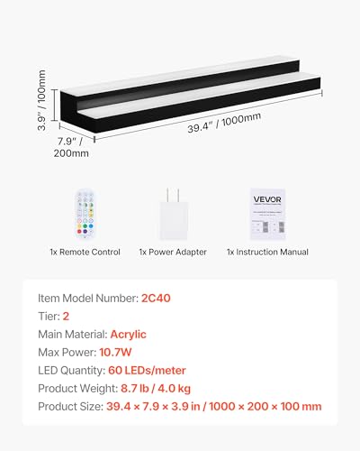 Image of VEVOR LED Lighted Liquor Bottle Display, 2 Tiers 40 inches, Supports USB, Acrylic Illuminated Home Bar Shelf Display with RF Remote & App Control, 9 Static Colors, Timing Mode, for 20-28 Bottles