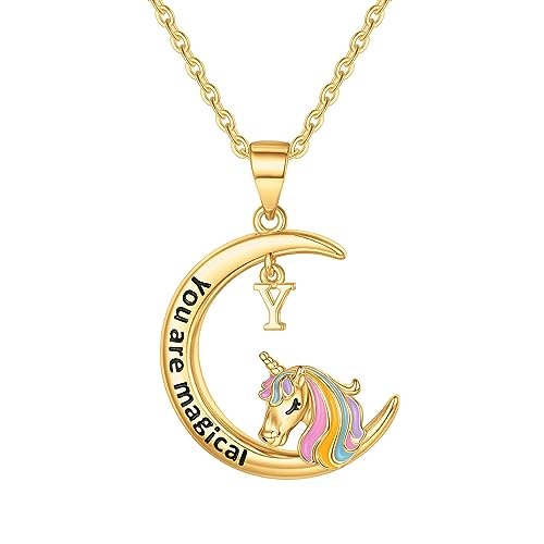 CIVOKINA Unicorn Necklace for Girls - 14K Gold Plated Letter Y Initial Necklace for Teens, Toddlers - Unicorn Gifts Jewelry