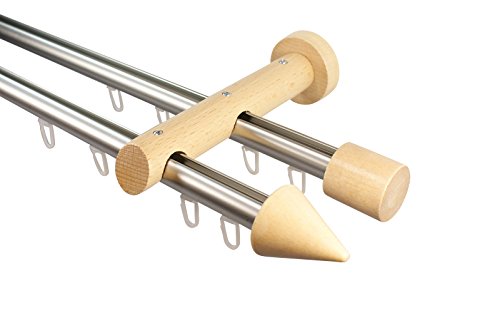 Innenlauf Gardinenstangen 2-läufig aus Aluminium und Holz Farbe Edelstahl Buche, 20 mm, Endstück Kegel, 400 cm (2 x 200 cm)