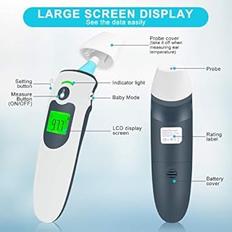 Ear Thermometer for Kids, Baby Thermometer with Ear and Forehead Mode for Adults, Kids and Objects, Digital Ear Thermometer with Accurate 1 Second Reading Fever Alarm and Large LCD Display