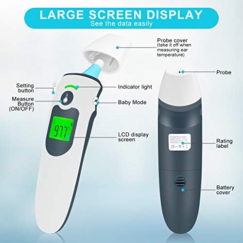 Ear Thermometer for Kids, Baby Thermometer with Ear and Forehead Mode for Adults, Kids and Objects, Digital Ear Thermometer with Accurate 1 Second Reading Fever Alarm and Large LCD Display