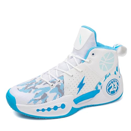 Youth High-Top Basketball Shoes for Boys Girls Non-Slip Shock-Absorbing Breathable Sneakers Mesh Upper Rubber Sole Adult/Teen/Kid Size(White Blue 10.5 Women,9.5 Men)