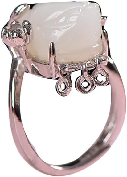 S925 Silver Inlaid Natural White Jade Pixiu Ring Adjustable Opening Including Certificate