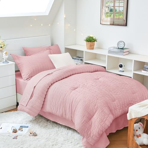HYMOKEGE Pink Twin XL Comforter Set Seersucker 5 Pieces, All Season Luxury Bed in a Bag for Bedroom, Bedding Set with Comforter, Sheets, Pillowcase & Sham