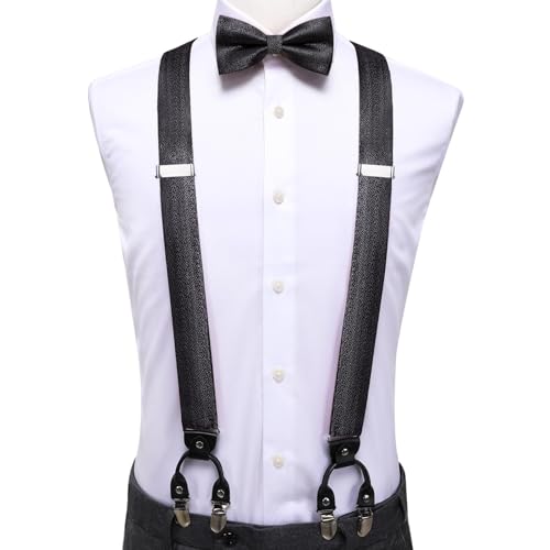 Image of Hi-Tie Men Suspender Bowtie Set Suspenders Pre-tied Bow Tie Pocket Square Cufflinks Adjustable Y Shape 6 Clips Braces Tuxedo