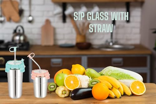 Image of Stainless Steel Fusion Glass Tumbler with Stainless Steel Metal Straws and Cleaning Brush with Steel Lid (SIP Easy 400+600 ML)