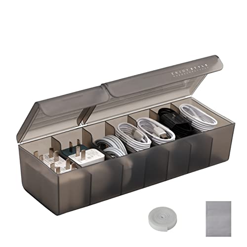 NJLJOM Plastic Cable Organizer Box with Ties and Tags, 2 Compartments Charge Cable USB Cord, Electronic Accessories Organizer and Storage for Home, Office, Drawer Organizing, Desk Accessories (Black)