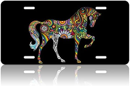 Mandala Floral Horse Animal Personalized License Plate Cover Personalise Car Front License Plate Rust-Proof Stainless Steel Metal Car Plates Tag Funny Novelty Vanity Tag 4 Screw Hole Decorative