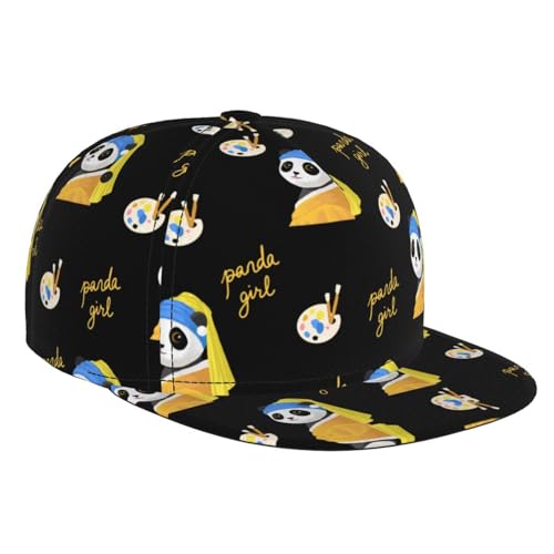 Panda Fashion Flat Brim Baseball Cap â€“ Stylish Unisex Cap with All-Over Print Design â€“ Breathable Lightweight Hat for Daily Wear, Outdoor Activities, and Travel Black