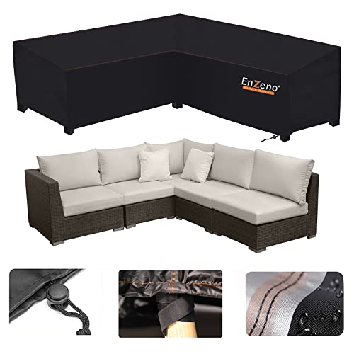 Enzeno Cubiertas para muebles de jardín impermeables, 420D de tela Oxford en forma de L, funda de sofá de esquina de ratán, funda de sofá de esquina al aire libre con cinta impermeable (255x255x87 cm) Cover