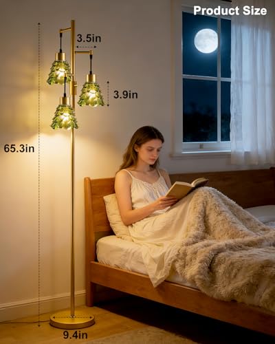 Image of 3-Light Modern Glass Floor Lamp, Gold Standing Tall Lamp with Cylinder Green Glass Shade for Reading, Dimmable LED Floor Lamp with 5Lbs Heavy Base for Living Room Bedroom Home Decor, Bulb Included