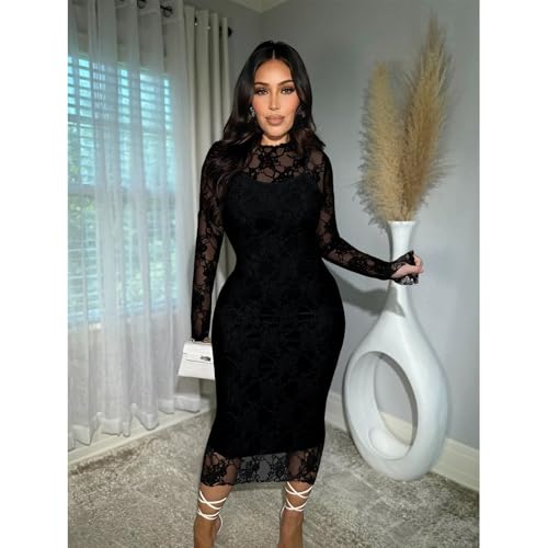 Womens Floral Lace Bodycon Midi Dress Long Sleeve Sexy See Through Mesh Club Party 2 Piece Dress Set4