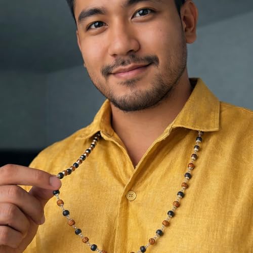 Image of Karungali Malai Silver Plated Original with Rudraksha | 54 Beads Ebony wood Panchmukhi Rudraksha Mala Goverment Lab Test Certification Mala with German Silver-Caps | Authentic Karungali Malai for Spiritual Protection, Wisdom & Positivity | Gift for Men & Women - 1 Piece